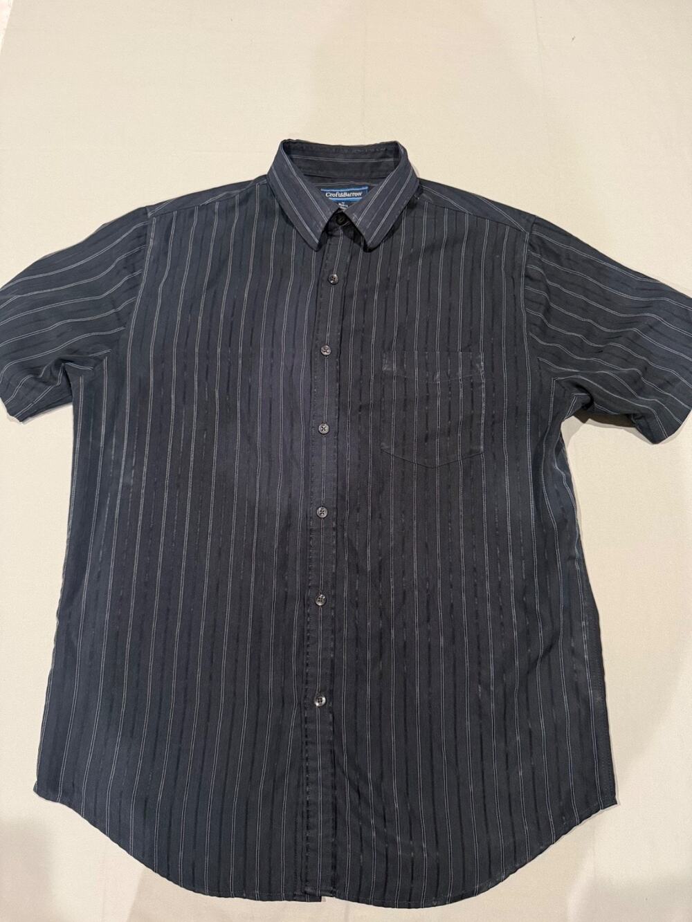 Croft & Barrow Striped Button Up Shirt Mens M Short Sleeve Gray Casual Pocket